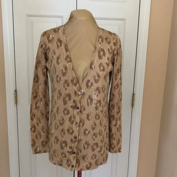 Old Navy Gold Shimmer Anima Leopard Print Cardigan Sweater Petite Small NWT - Picture 1 of 8